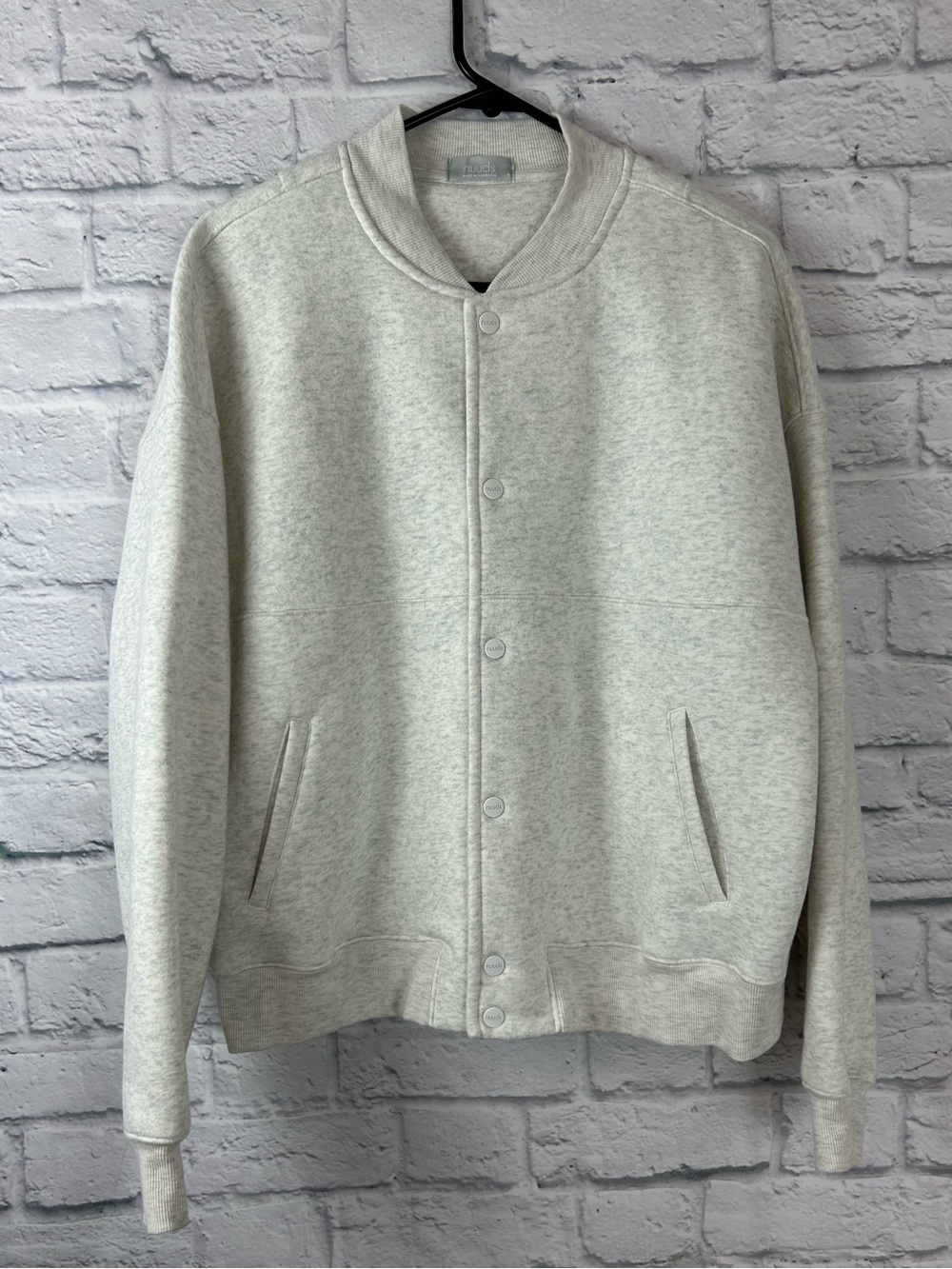 Nuuds Bomber Jacket Small Oatmeal Heather Snap Front Cotton Blend
